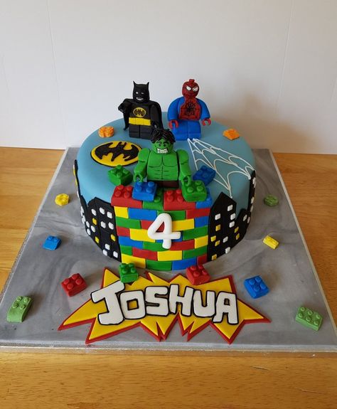 Marvel Lego Cake, Lego Superhero Birthday Party, Lego Superhero Cake, Lego Spiderman, Superhero Birthday Cake, Lego Cake, Spiderman Party, Superhero Cake, Superhero Birthday Party