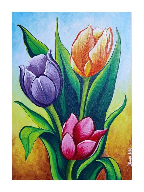 Poster Color Flowers Painting, Flower Painting Poster Colour, Drawing Of Nature Colour, Poster Colour Flowers Painting, Acrylic Colour Drawing, Colourful Flowers Drawing, Nature Drawing Colourful, Oil Pastel Drawings Flowers, Canvas Background Ideas Acrylics