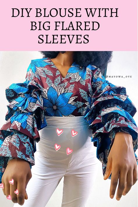 Statement tiered sleeves tutorial Flared Sleeves Top Outfit, Big Sleeves Blouse, Flare Sleeves Pattern, Ankara Blouse, Forest Department, Big Sleeves, Statement Blouse, Sewing Things, Fashion Sewing Tutorials