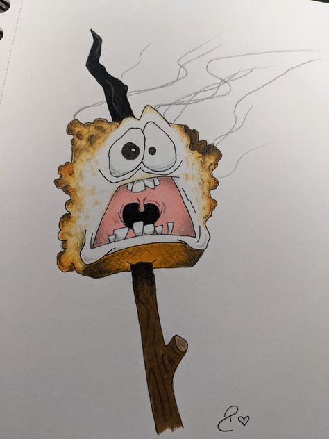 Toasted Marshmallow Drawing, Slushy Drawing, Food Painting Ideas Easy, Marshmallow Sketch, M&m Drawing, Cartoon Character Doodles, Prismacolor Art Ideas, Cartoon Monsters Drawing, Trippy Cartoon Drawing Ideas