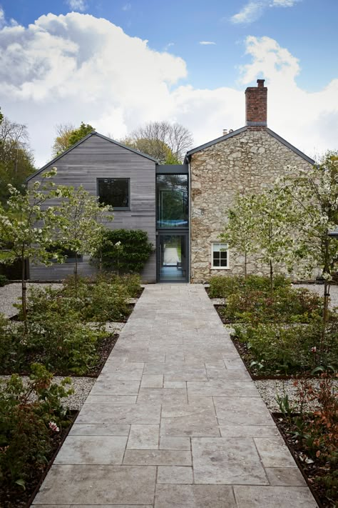 Renovated Cottage Exterior, Uk House Exterior Makeover, Old Cottage With Modern Extension, Modern Cottage Extension, Cotswold Cottage Exterior, Old Farmhouse Remodel Exterior, Cottage Modern Extension, Irish Cottage Extension, Cottage Compound