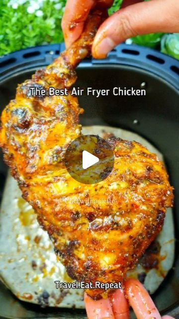 Khadija Siddiqui on Instagram: "The air fryer chicken recipe that never fails me 😁  💥Ingredients and steps:  2 chicken quarters  Score them with knife 1 tsp black pepper  1 tsp onion granules  1 tsp garlic granules  1 tsp paprika 1 tsp salt 1 tsp dried parsley  2 tbsp oil Coat the chicke. I lined my air fryer rack with baking paperAir fry the chicken at 180ºC for 20 minutes. Flip the chicken pieces after 20 minutes. Air fry for another 10 minutes.  💥For the glaze: Take 2 tbsp mayonnaise  1 tbsp sweet chilli sauce 1 tbsp lemon juice  1 tsp dried parsley  Mix everything. Once the chicken is ready, brush the glaze on both sides and enjoy!  @chefwithpalette  #airfryer #airfryerchicken #airfryerrecipes #airfryerrecipe #chicken #chickenleg #chickenrecipes" Chicken In Air Fryer, Chutney Chicken, Chicken Quarters, Moist Chicken, Dark Soy Sauce, Ginger Garlic Paste, Dried Parsley, Chicken Breast Seasoning, Chicken Pieces