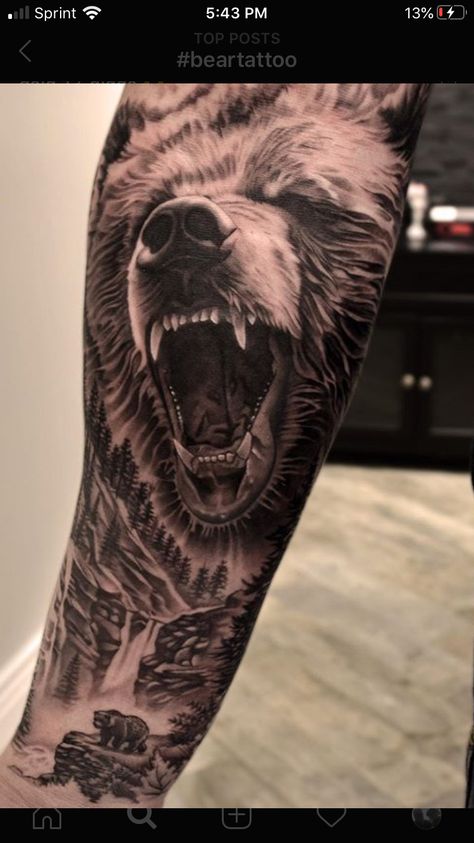 Bear Bicep Tattoo, Wild Animal Tattoos, Drew Tattoo, Elk Tattoo, Owl Tattoo Sleeve, Bear Tattoo Designs, Inner Bicep Tattoo, Animal Sleeve Tattoo, Cool Arm Tattoos