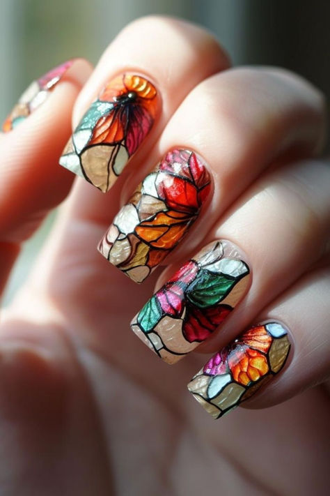 Stained Glass Gel Nails, Transparent Nails Design Ideas, Glass Stained Nails, Stained Glass Nail Art Design, Stained Glass Nails Acrylic, Stain Glass Window Nails, Stained Glass Window Nails, Stained Glass Nail Designs, Stain Glass Nail Art