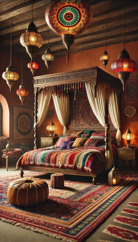 Moroccan Boho Bedroom, Moroccan Headboard, Moroccan Decor Bedroom, Moroccan Inspired Bedroom, Parisian Interior Design, Terracotta Walls, Moroccan Bed, Fall Bedroom Ideas, Glass Lanterns