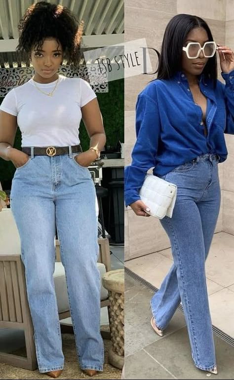 Spring Outfits Casual Black Women, Professional Jeans Outfit Summer, Button Down Jeans Outfit, Denim On Denim Outfit 2023, High Waisted Jeans Outfit Summer, Casual Spring Outfits Black Women, Outfit Ideas For Black Women, Chic Summer Outfits, 90s Fashion Outfits