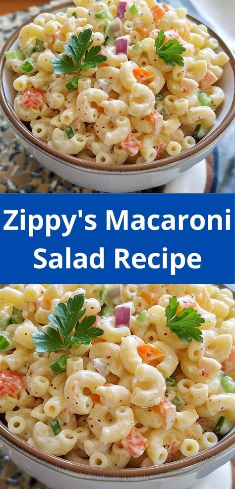 Delicious Zippy's macaroni salad with creamy dressing and fresh vegetables. Easy to make! Macaroni Salad With Peas, Salad With Creamy Dressing, Salad With Peas, Macaroni Pasta Salad, Creamy Macaroni Salad, Easy Macaroni Salad, Classic Macaroni Salad, Creamy Pasta Salads, Summer Potluck