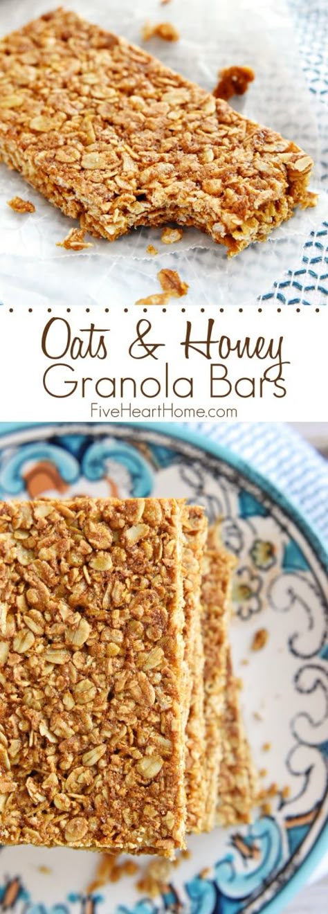 Oats and Honey Granola Bars ~ these homemade, all-natural granola bars are baked until slightly crunchy, making them perfect for breakfast-on-the-go or as a wholesome, portable snack | FiveHeartHome.com Oats And Honey Granola Bars, Oats And Honey Granola, Honey Granola Bars, Easy Granola Bars, Breakfast Granola, Bars Healthy, Honey Granola, Healthy Granola Bars, Granola Recipe Bars