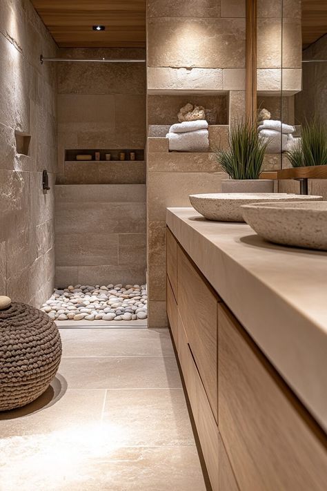 29 Organic Modern Decor Ideas For A Fresh And Timeless Home Design - Learn California Contemporary Bathroom Vanity Designs, Bathroom With Rock Wall, Modern Organic Guest Bathroom, Organic Modern Master Bath, Modern Master Bath Design Ideas, Modern Travertine Bathroom, Elegant Bathroom Design Modern, Natural Stone Bathroom Ideas, Natural Bathrooms