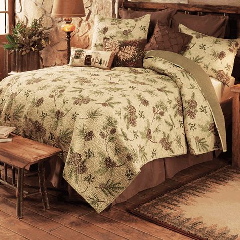 Pinecone Valley Bedding Collection Pinecones Decor, Bedding Sets Cozy, Futon Cover Ideas, Trailer Cabin, Adirondack Decor, Mountain Home Design, Pinecone Decor, Luxury Bed Linens, Bedroom Comforters