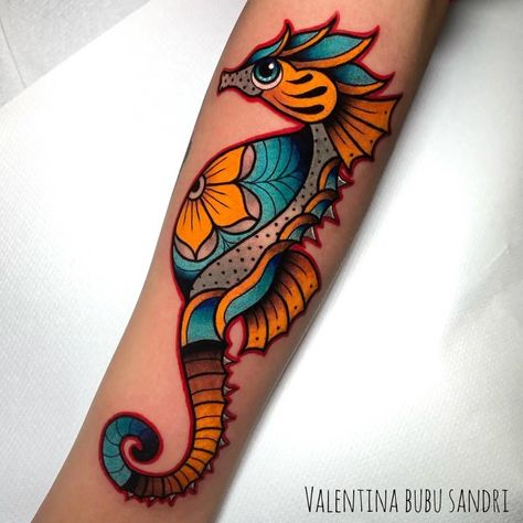 Jeremiah Tattoo, Sea Creatures Tattoo, Seahorse Tattoo Ideas, Seahorse Tattoos, Colored Tattoo Design, Seahorse Tattoo, Traditional Tattoo Designs, Compass Tattoo Design, Ocean Tattoos