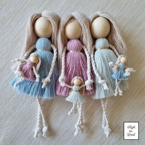 Macrame Family, Wool Macrame, Diy Yarn Dolls, Macrame Doll, Macrame Dolls, Dolls Handmade Diy, Christmas Angel Crafts, Wool Dolls, Yarn Dolls