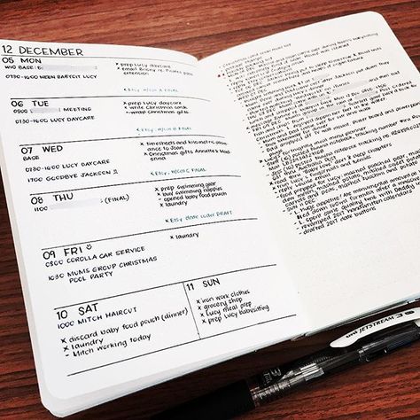 - last week's bullet journal layout in the Nuuna notebook. Still loving the mini dot grid and the A6 format - nice and compact for my everyday carry at work and for the nappy bag. Have gone back to weekly with notes layout for the time being. It's working better for rapid logging purposes during the week and I can look at everything planned for the week at a glance. Not a fan of having to draw up the weeks in advance, so I'm only doing 8-week blocks then continuing on with notes and collectio... 5 Minutes Journal, How To Bullet Journal, Bullet Journal Minimalist, Bullet Journal Page, Bullet Journel, Bullet Journal Weekly Spread, Dot Journals, Dot Grid, Bujo Inspiration