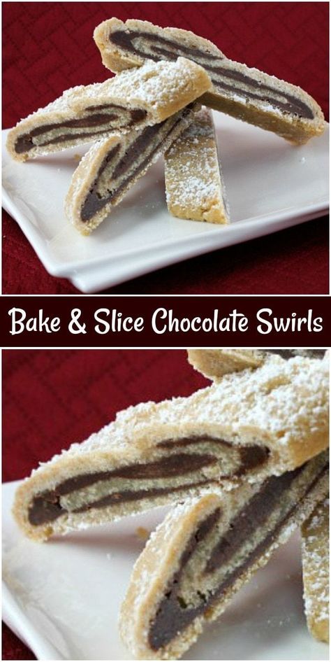 Bake and Slice Chocolate Swirls recipe from RecipeGirl.com #bake #and #slice #bakeandslice #chocolate #swirl #swirls #cookie #cookies #recipe #RecipeGirl Chocolate Roll Cookies, Chocolate Strudel, Chocolate Swirl Cookies, Slice And Bake Cookies, Chocolate Swirl Cheesecake, Chocolate Swirls, Swirl Cookies, Swirl Cheesecake, Favorite Cookie Recipe