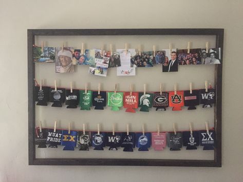 DIY photo and Koozie display #DIY #Koozie #PictureFrame Can Koozie Display Ideas, How To Organize Koozies, Beer Coozie Storage Ideas, Can Coozie Storage, Koozie Holder Ideas, Can Koozie Storage Ideas, Koozie Display Ideas, Koozie Display Craft Show, Diy Koozie Holder