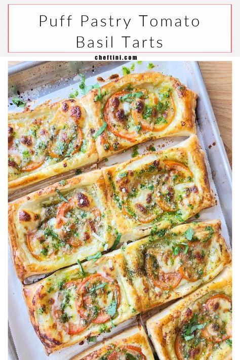 Savoury Puff Pastry Tart, Puff Pastry Tomato Tart, Puff Pastry Tartlets, Tomato Puff Pastry, Recipe For Puff Pastry, Puff Pastry Tomato, Tomato Basil Tart, Puff Pastry Recipes Appetizers, Xmas Brunch