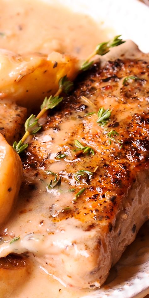 Apple Cider Pork Chops Crock Pot, Apple Cider Sauce For Pork, Pork Chop Recipes Apple Cider, Apple Cider Braised Pork Chops, Pork Chop Apple, Pork Chops With Apples And Bacon Food And Wine, Pork Chops With Apple Cider, Apple Cider Glazed Pork Chops, Pork And Apple Sauce