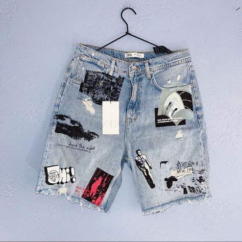 Shorts Painted, Punk Shorts, Zara Man Jeans, Zara Denim Jeans, Zara Mens, Blue Shorts Men, Mens Jean Shorts, Mens Denim Shorts, Black Jeans Men