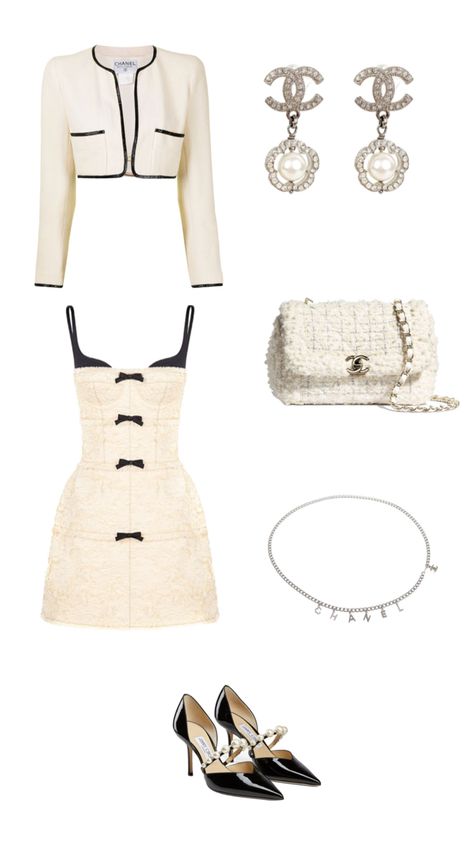 Chanel bag, Chanel blazer, Chanel earrings, Chanel chain, high heels, dress Chanel Inspo Outfit, Chanel Fall Outfit, Coco Chanel Outfit Ideas, Cute Chanel Outfits, Casual Royalty Outfits, Old Chanel Outfit, Chanel Birthday Outfit, Chanel Lockscreen, Chanel Outfits Women Casual