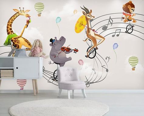 Kids Wallpaper Cartoon Animal Wall Mural Music Note Wall Print Nursery Wall Decor Childroom Play Roo Music Note Wallpaper, Note Wallpaper, Kindergarten Wallpaper, Murals For Kids, Lovely Animals, Wallpaper Rolls, Cleaning Walls, Cute Cartoon Animals, Kids Wall Murals