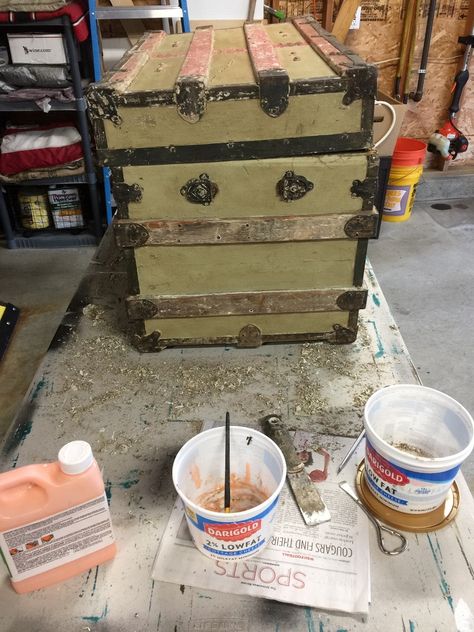 By removing three layers of paint from the wood and metal on this trunk, it went from drab to fab! Trunk Refinishing Ideas, Trunk Decorating Ideas Living Rooms, Old Trunk Redo, Vintage Trunks Makeover, Antique Trunk Makeover, Shabby Chic Trunk, Steamer Trunk Makeover, Remove Paint From Metal, Trunk Redo