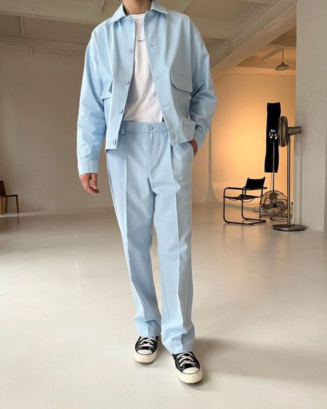 Blue Outfit Ideas Men, Blue And White Outfit Men, Blue And White Outfit Ideas, Blue Pants Outfit Men, Blue Outfit Men, Soft Aesthetic Outfits, Blue Pants Outfit, Sky Blue Outfit, Blue And White Outfits