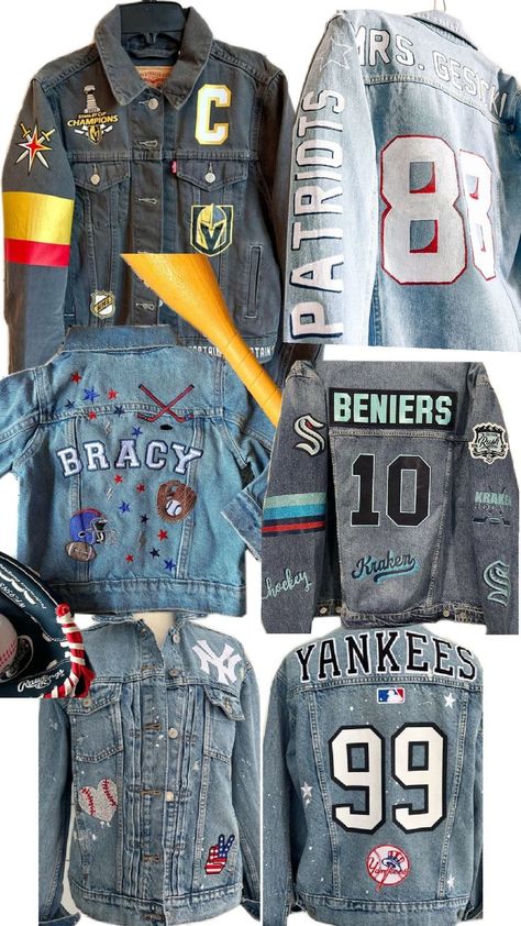 Hockey Jean Jacket, Tailgate Outfits, Patch Denim Jacket, Jean Jacket Diy, Redo Clothes, Jacket Diy, Custom Jean, Diy Mom, Jackets Style