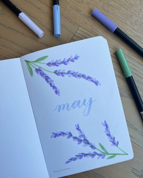 May Bullet Journal Cover Easy, Lavender Bullet Journal Theme, Purple Bullet Journal Theme, May Cover Page Bullet Journal, March Cover Page Bullet Journal, May Bullet Journal Cover Ideas, May Journal Cover, Bullet Journal Ideas May, Bullet Journal Ideas 2024 Cover Page