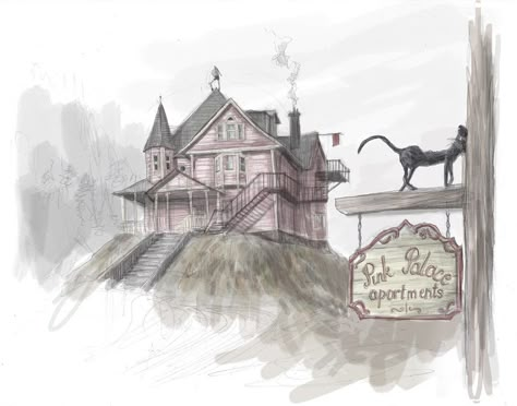 Pink Palace Coraline Drawing, Pink House Coraline, Coraline House Drawing, Pink Palace Drawing, Coraline House Tattoo, Pink Palace Tattoo, Coraline Concept Art, Coraline Illustration, Tv Show Artwork