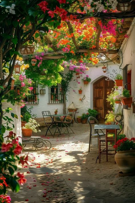 Italian Courtyard Garden Tuscan Style, Spanish Tiles Outdoor, Tuscan Patio, Spanish Patio, Mediterranean Backyard, Italian Courtyard, Spanish Courtyard, Mediterranean Patio, Space Concept