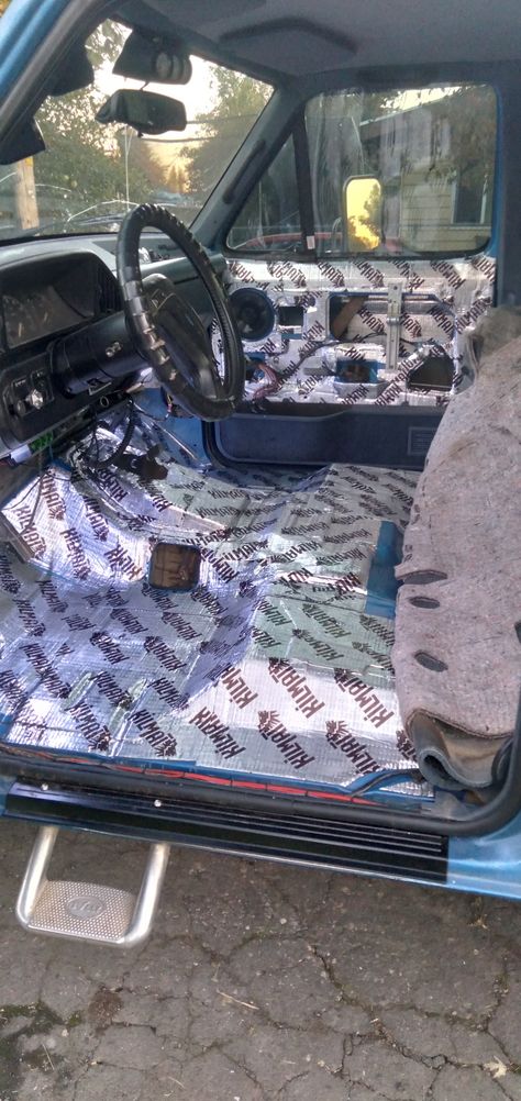 Removed the interior to do some sound deadening. First layer for now. Killmat 50mil 170mil Closed cell foam and mass loaded vinyl to come later. This made the doors a lot quieter, but also more solid; and overall made the cab quieter. #7.3idi #idi # turbo #r&d #idiperformance #ford #bricknose #babe #babetheblueox #sparkles #killmat Obs Ford Interior Mods, Bricknose Ford, Mass Loaded Vinyl, 1979 Ford Truck Interior, 1977 Ford F150 Interior, 2003 F150, Adventure Truck, Babe The Blue Ox, Obs Ford 7.3