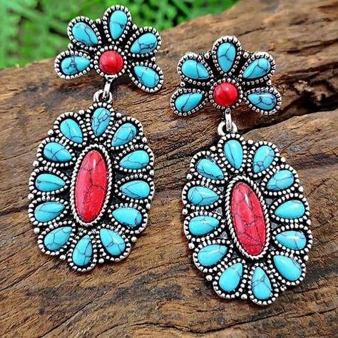 Silver Blue And Red Earrings Geometric Stone, Turquoise Earrings Dangle, Vintage Style Earrings, Alloy Earrings, Trendy Earrings, Bohemian Earrings, Vintage Turquoise, Blue Earrings, Flower Fashion