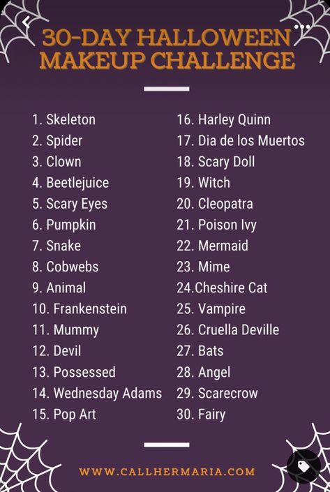 31 Days Of Halloween Makeup Challenge List, 30 Day Makeup Challenge, October Makeup Challenge, 30 Days Of Halloween Makeup, Halloween Makeup Challenge, Makeup Calendar, Make Up Challenge, October Makeup, Beauty Challenge