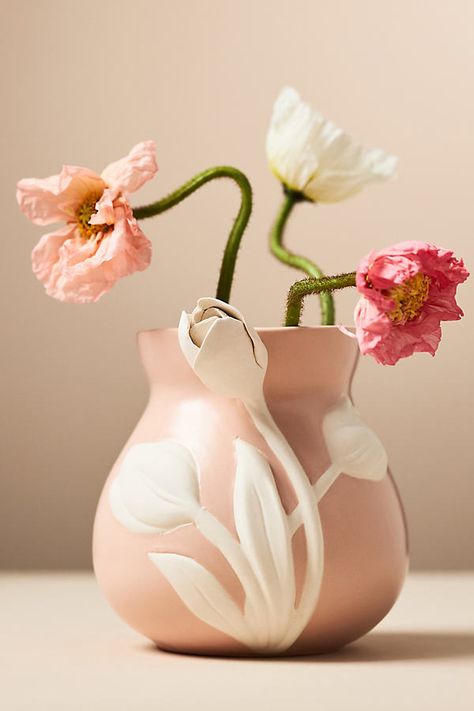 This too-cute vase features sculptural tulips that emerge and dance across its body, mimicking the bend of the bouquets to be displayed. | Tulip Stoneware Vase by Anthropologie in Pink, Size: Smallmall Outdoor Gifts, Stoneware Vase, Home Decor Vases, Candle Containers, Candle Gift, Fragrance Candle, Vases Decor, Home Fragrances, Sales Gifts