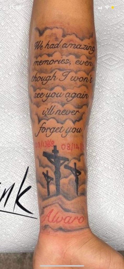 Forearm Tattoo Men Sleeve Memorial, Male Memorial Tattoos, Even Though I Walk Through The Valley Tattoo Men, Grandad Tattoo For Men, Faith Family Freedom Tattoo, Arm Tattoo Men Bible Verse, Brother Tribute Tattoos, Forearm Memorial Tattoos For Men, Brother Passing Tattoos