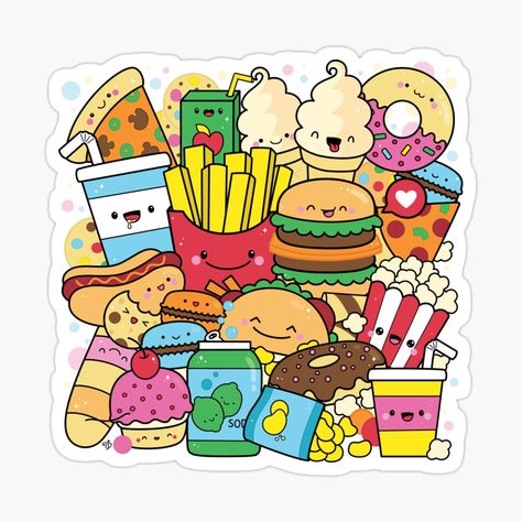 Get my art printed on awesome products. Support me at Redbubble #RBandME: https://www.redbubble.com/i/sticker/Happy-Junk-Food-Burger-Fries-Food-Doodle-Kawaii-Art-by-Tatyana-Deniz-by-tatyanadeniz/55968078.EJUG5?asc=u Very Easy Doodle Art, Doodle Art Of Flowers, Food Doodle Art Illustrations, Food Abstract Art, Doodle Food Art Drawings, Sketch Book Food, Happy Doodle Art, Food Art Painting Abstract, Cute Doodle Art Food