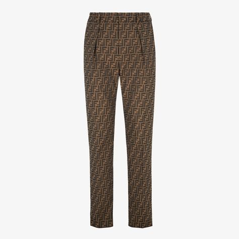 Pants With Pleats, Fendi Logo Design, Fendi Store, Fendi Dress, Fabric Pants, Straight Cut Pants, Fendi Logo, Brown Fabric, Fresh Cut