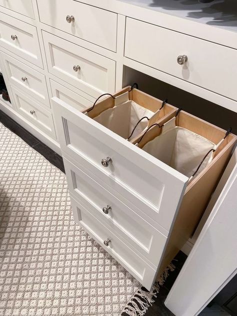 Laundry Room Cabinet Hampers, Laundry Drawers Built Ins, Bathroom Hamper Cabinet, Laundry Hamper Pull Out Cabinet, Laundry Pull Out Cabinets, Built In Closet Laundry Hamper, Laundry Room Hamper Drawers, Custom Laundry Hamper, Pull Put Laundry Hamper