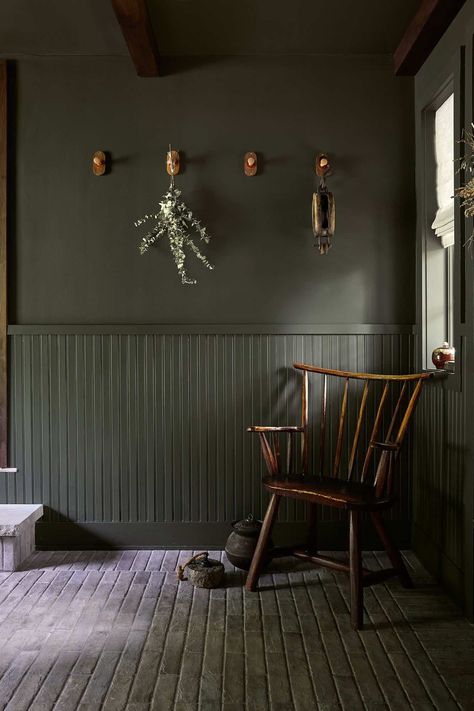 Dark Beadboard, Color Hallway, Moody Dining Room, Dark And Moody Interiors, Beadboard Bathroom, Bead Board Walls, Wall Detail, The Shade Store, Sleeping Porch