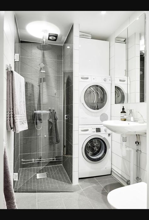 Bathroom Laundry Bathroom Combo, Laundry Room Storage Shelves, Bathroom Shower Design, Laundry Room Bathroom, Small Showers, Tiny House Bathroom, Tiny Bathrooms, Bathroom Remodel Designs, Small Laundry