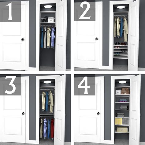 Design Ideas for 6-foot, 3-foot, and 2-foot Reach-in Closets | EasyClosets Couples Closet Organization, Step In Closet, Shoe And Bag Storage, Couples Closet, Reach In Closet Ideas, Boot Storage Ideas, Room Inspo Minimalist, Small Apartment Storage Solutions, Rooms For Couples