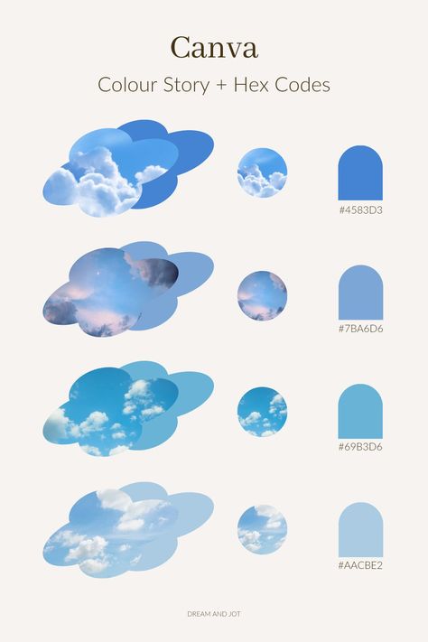 A light beige background with four different photos of cloudy blue skies and their corresponding hex codes beside each. Monochrome Blue Palette, Sky Blue Color Palette Colour Schemes, Colour Palette With Hex Codes, Sky Color Palette, Jewellery Branding, Colour Pallettes, Sky Logo, Canva Planner, Day Sky