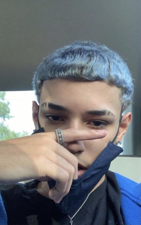 Blue Hair For Men, Blue Hair Guy Aesthetic, Male Dyed Hair, Blue Hair Men, Blue Hair Boy, Boys Dyed Hair, Mens Blue Hair, Eyebrow Slits, Men Hair Color