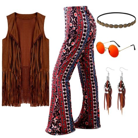 PRICES MAY VARY. Women's Western Cowgirl Hippie Outfit: the set includes 1 hippie costume fringe vest, 1 pair of 70's hippie flare pants, 1 bohemian crystal headband, 1 pair of bohemian feather earrings, 1 pair of vintage sunglasses; These 60s 70s outfits for women and accessories are classic in looking and vintage in style to add charm to you Reliable in Materials: the women's fringe vest of the hippie costume set is made of faux suede fabric, vintage and retro, very soft and comfortable to the 60s 70s Outfits, 70s Hippie Fashion, 70s Disco Costume, Hippie Flare Pants, Go Go Dancer Costume, 1970s Outfits, 70s Fashion Hippie, Disco Outfits, 70s Outfit