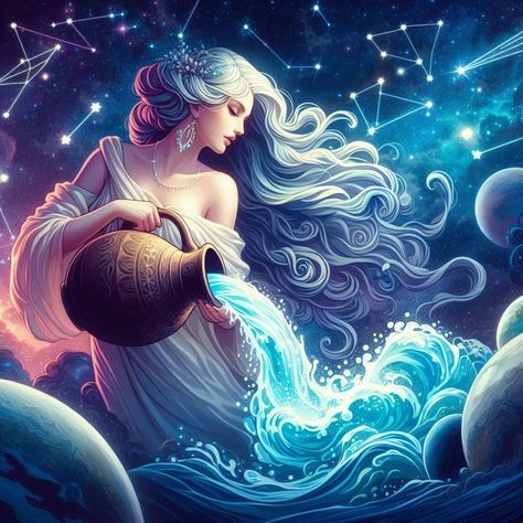 Aquarius Fantasy Art, Zodiak Aquarius, Camila Core, Aquarius Zodiac Art, Aquarius Wallpaper, Ying Yang Art, Elemental Dragons, Aquarius Art, Moon Astrology