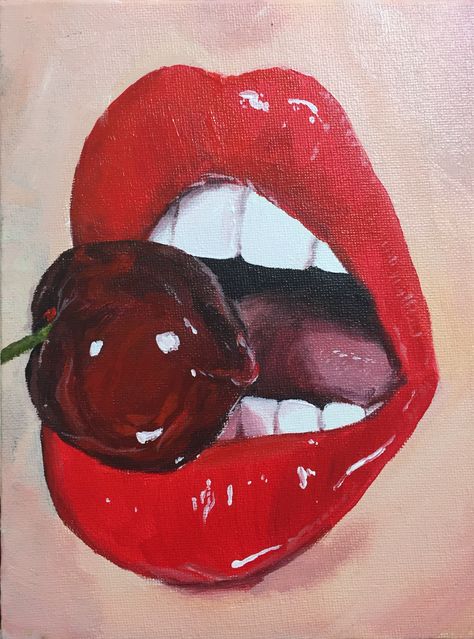 Acrylic painting by Allie Fuller #art #fineart #Painting #alliefullerart #acrylicpainting #cherry #lips #wet Cherry Lips Drawing, Lips With Cherry Drawing, Lip Artwork Paintings, Painting Lips Art, Mouth Painting Acrylic, Wet On Wet Acrylic Painting, Lips Painting Easy, Lips Art Painting, Cherry Art Drawing