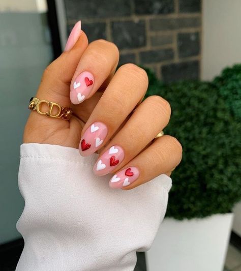 Heart And Rainbow Nails, Cute Simple Valentines Nails Almond, Bright Pink Valentine Nails, February Nails Ideas Valentines Day Almond, Nails For February 2023, Valentine Toe Nails, Valentines Toe Nails, Round Valentines Nails, 2023 Valentine Nails