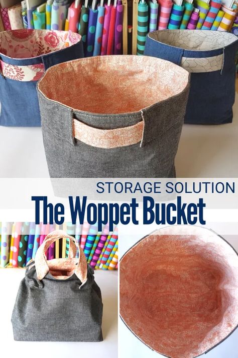 Bucket Sewing Pattern, Woppet Bucket Tutorial, Sewing Pattern Basket, Fabric Scrap Sewing Projects, Knitting Bags To Sew, Yarn Project Bag Sewing Pattern, Free Bucket Bag Sewing Pattern, Basket Patterns Sewing, Knitting Project Bags To Sew Free Pattern