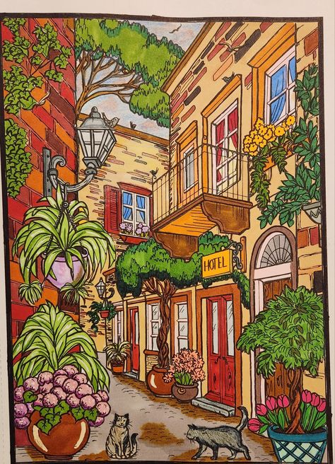 Adult coloring Village Charm Coloring Book, Color Markers Art, Beautiful Scenery Drawing, Teresa Goodridge, Creative Haven Coloring Books, Markers Drawing Ideas, Black Paper Drawing, Anime Canvas Art, Background Drawing