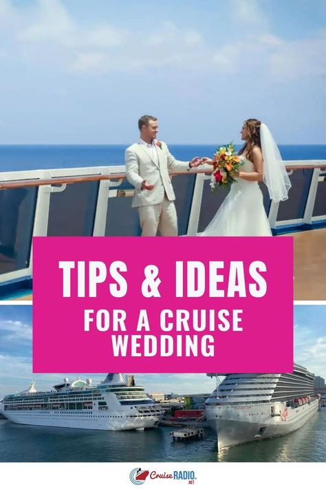 A bride and groom posing on a cruise ship deck with ocean views, followed by docked cruise ships in a port. Cruise Wedding Checklist, Cruise Wedding Decorations, Carnival Cruise Wedding, Cruise Weddings, Cruise Ship Wedding, Dream Cruise, Cruise Wedding, Wedding Checklist, Save For Later